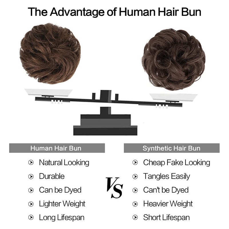 FESHFEN Human Messy Buns - 100% Human Hair Bun Real Scrunchies Hair Pieces Ponytail Extensions Wavy Tousled Updo Chignon Hairpieces for Women, Medium Chestnut Brown - Image 4